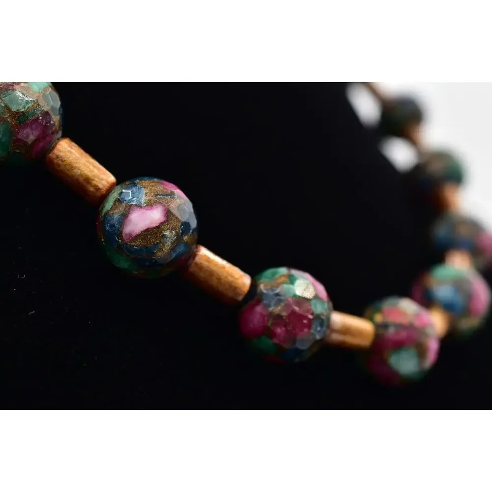 Vintage Mosaic Faceted Marble Beaded Necklace Multi-Color Chunky 1960s BinBD